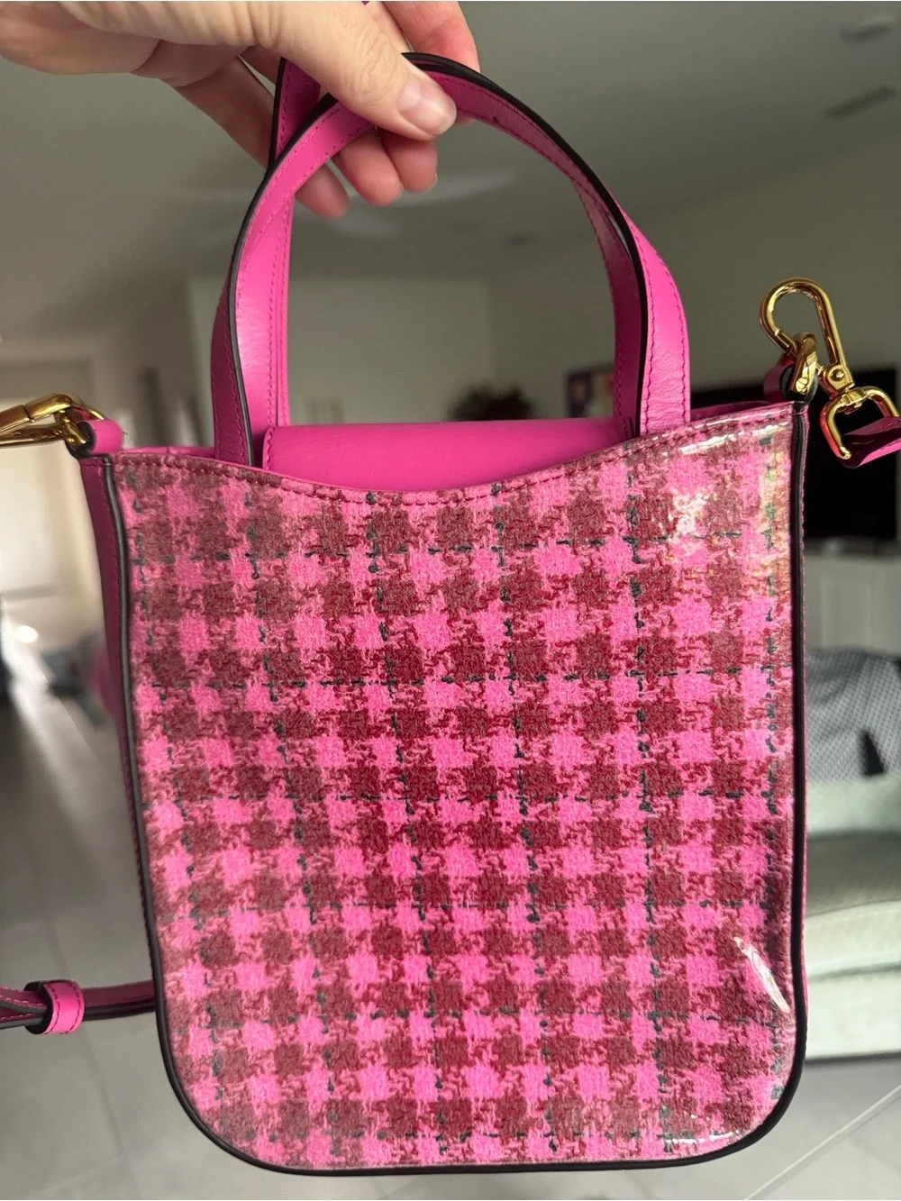 Versace Pink Glossy Tweed and Leather-Trim Two Way Bag with Gold Medusa EEEUC